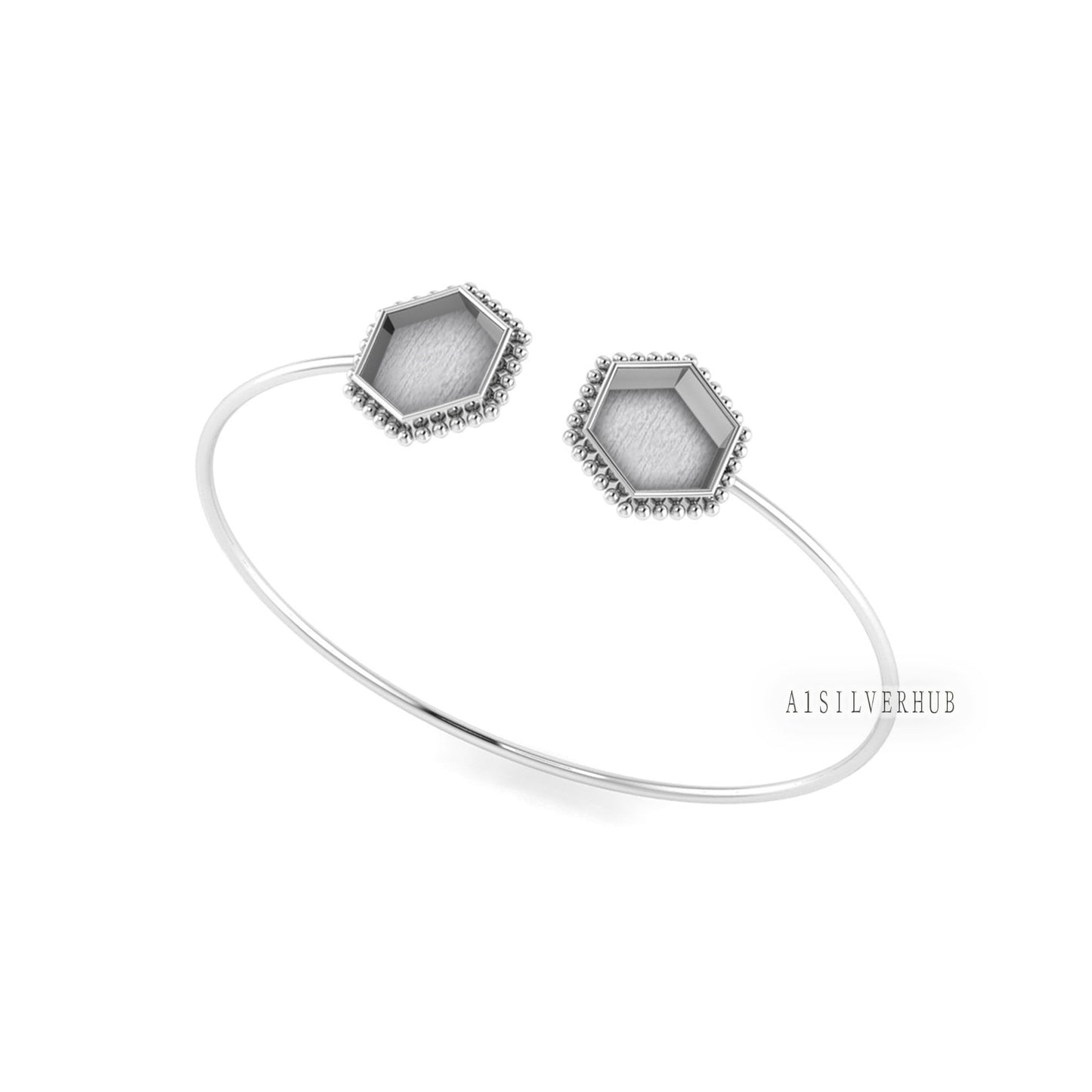 925 Sterling Solid Silver 12mm Hexagon Shape Blank Bezel Adjustable Bracelet/Bangle, Good for Resin & Ashes Work, Keepsake/Breastmilk DIY