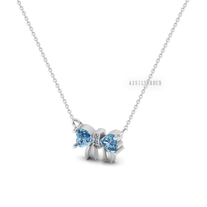 Elegant Ribbon Necklace with Blue Topaz Stone, Bow Tie the Knot, 925 Sterling Silver with CZ Setted, Party Wear Jewelry, Gift For Loved Ones