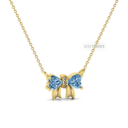Elegant Ribbon Necklace with Blue Topaz Stone, Bow Tie the Knot, 925 Sterling Silver with CZ Setted, Party Wear Jewelry, Gift For Loved Ones