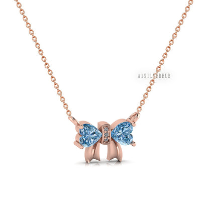 Elegant Ribbon Necklace with Blue Topaz Stone, Bow Tie the Knot, 925 Sterling Silver with CZ Setted, Party Wear Jewelry, Gift For Loved Ones