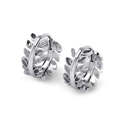 925 Sterling Silver Olive Leaf Blank Bezel with CZ Setted Hoop Earrings, Good for Resin, Boho Keepsake/Breastmilk DIY, Huggies Gifts For Her