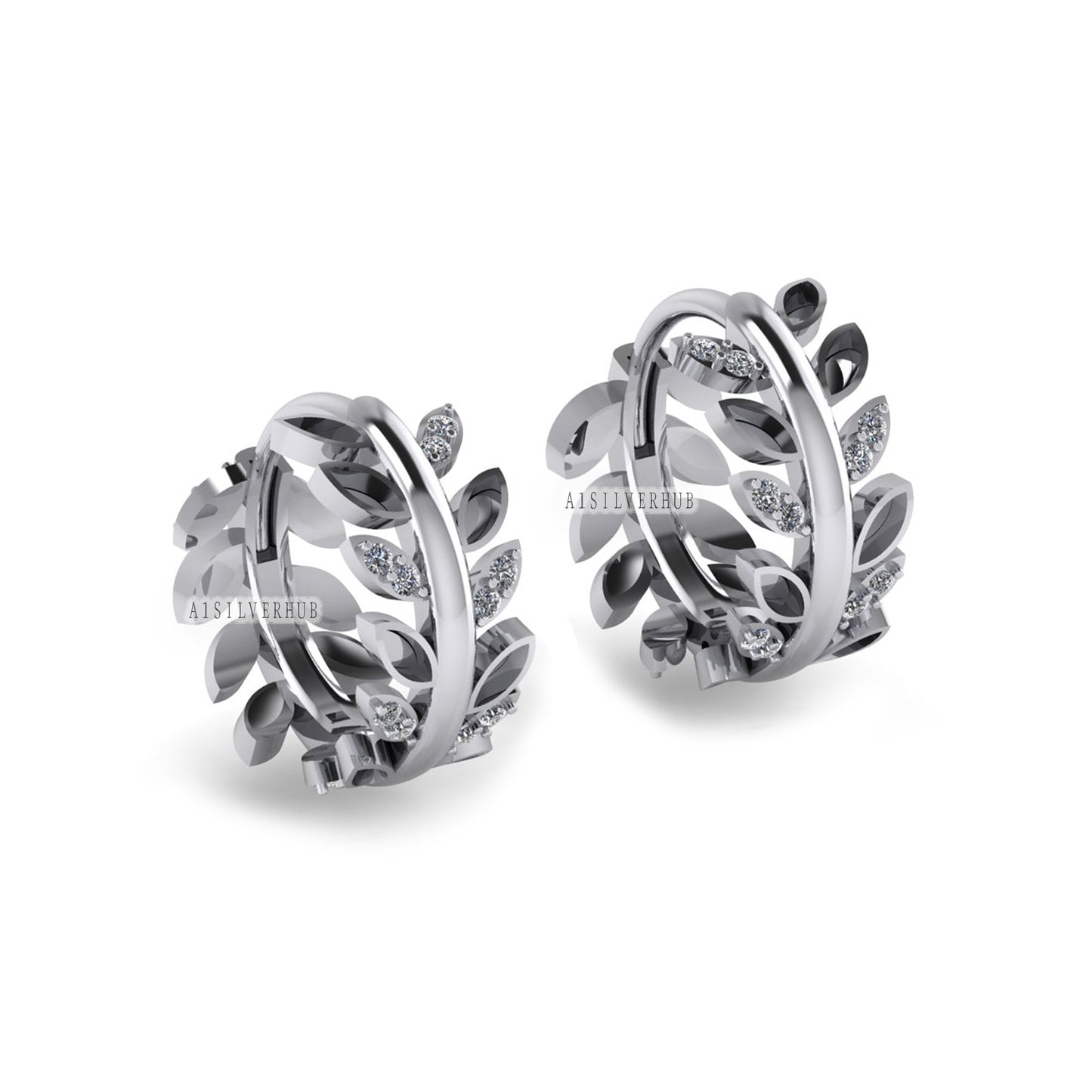 925 Sterling Silver Olive Leaf Blank Bezel with CZ Setted Hoop Earrings, Good for Resin, Boho Keepsake/Breastmilk DIY, Huggies Gifts For Her