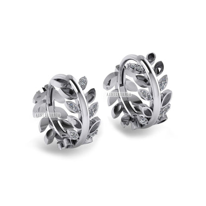 925 Sterling Silver Olive Leaf Blank Bezel with CZ Setted Hoop Earrings, Good for Resin, Boho Keepsake/Breastmilk DIY, Huggies Gifts For Her