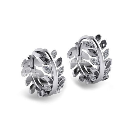 925 Sterling Silver Olive Leaf Blank Bezel with CZ Setted Hoop Earrings, Good for Resin, Boho Keepsake/Breastmilk DIY, Huggies Gifts For Her