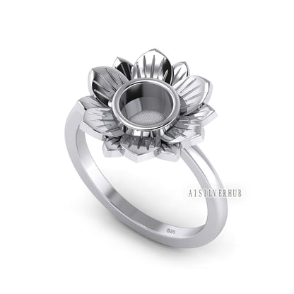 925 Sterling Solid Silver Sunflower Round Blank Bezel Ring Setting, Good for Resin & Ashes Work, Keepsake Breastmilk Jewelry DIY Crafts