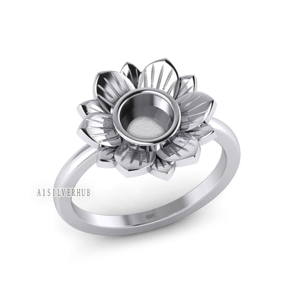 925 Sterling Solid Silver Sunflower Round Blank Bezel Ring Setting, Good for Resin & Ashes Work, Keepsake Breastmilk Jewelry DIY Crafts