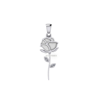 925 Sterling Silver Rose Flower Blank Bezel with CZ Setted Leaf Pendant Setting, Good for Resin & Ashes Work, Breastmilk/Keepsake, DIY Craft