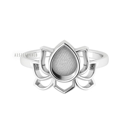 925 Sterling Solid Silver Lotus Flower Pear Blank Bezel Ring Setting, Good for Resin & Ashes Work, Keepsake Breastmilk Jewelry DIY Crafts