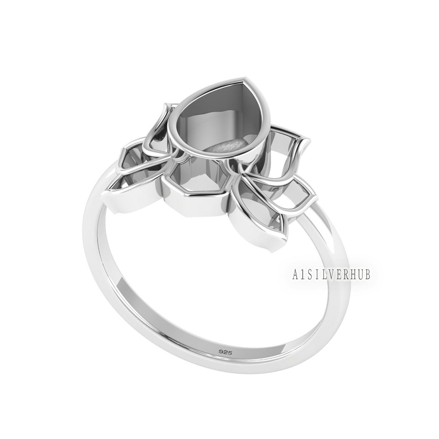 925 Sterling Solid Silver Lotus Flower Pear Blank Bezel Ring Setting, Good for Resin & Ashes Work, Keepsake Breastmilk Jewelry DIY Crafts