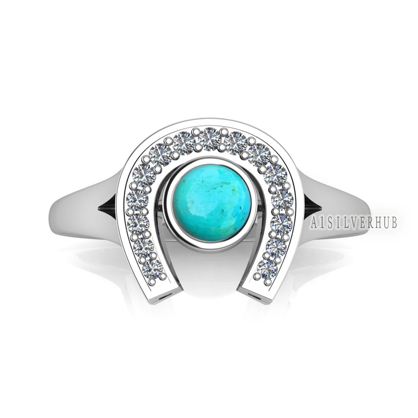 925 Sterling Solid Silver Good Luck Horse Shoe 5mm Genuine Arizona Turquoise with CZ Setted, Turquoise Jewelry, Keepsake Birthstone Ring