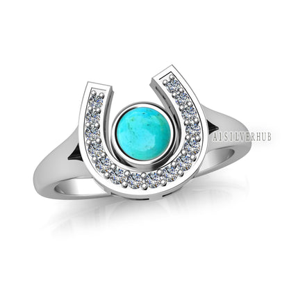 925 Sterling Solid Silver Good Luck Horse Shoe 5mm Genuine Arizona Turquoise with CZ Setted, Turquoise Jewelry, Keepsake Birthstone Ring