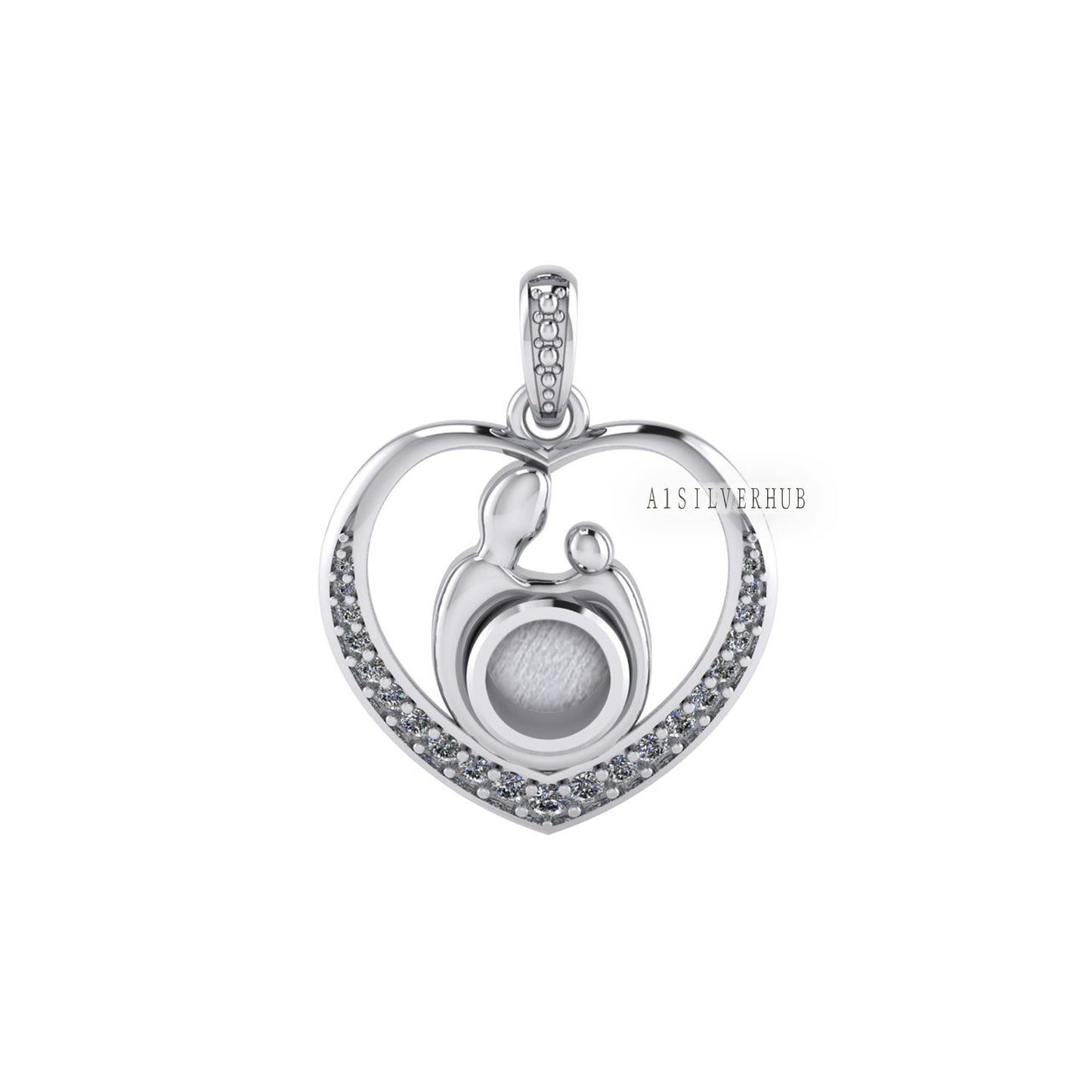 925 Sterling Silver Mother & Baby Heart 5.5mm Round Blank Bezel CZ Setted Pendant Setting, For Pour Resin, Keepsake Breastmilk, Memorial DIY
