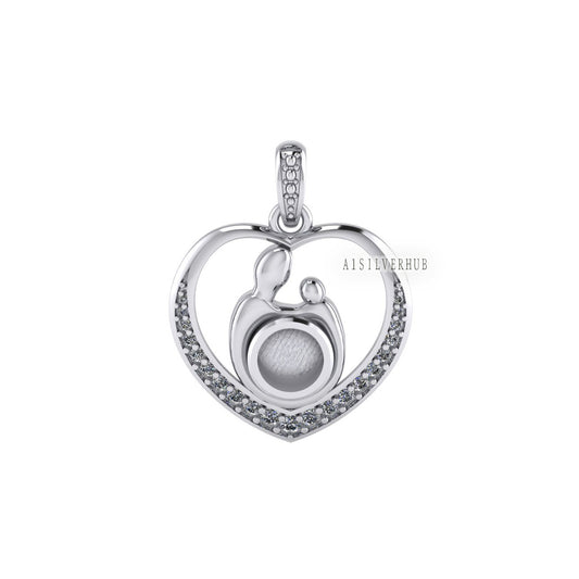 925 Sterling Silver Mother & Baby Heart 5.5mm Round Blank Bezel CZ Setted Pendant Setting, For Pour Resin, Keepsake Breastmilk, Memorial DIY