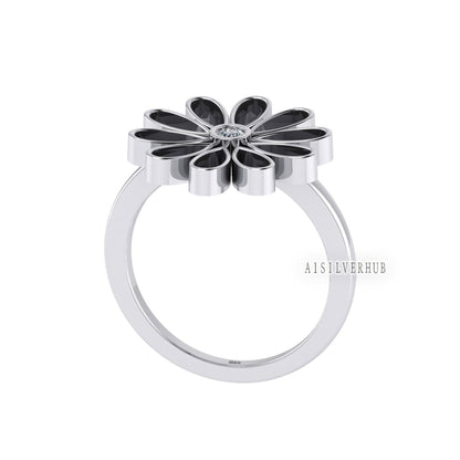 925 Sterling Silver Sunflower Floral Pear Blank Bezel Daisy CZ Setting Ring, Good for Resin & Ashes Work, Keepsake/Breastmilk DIY Crafts