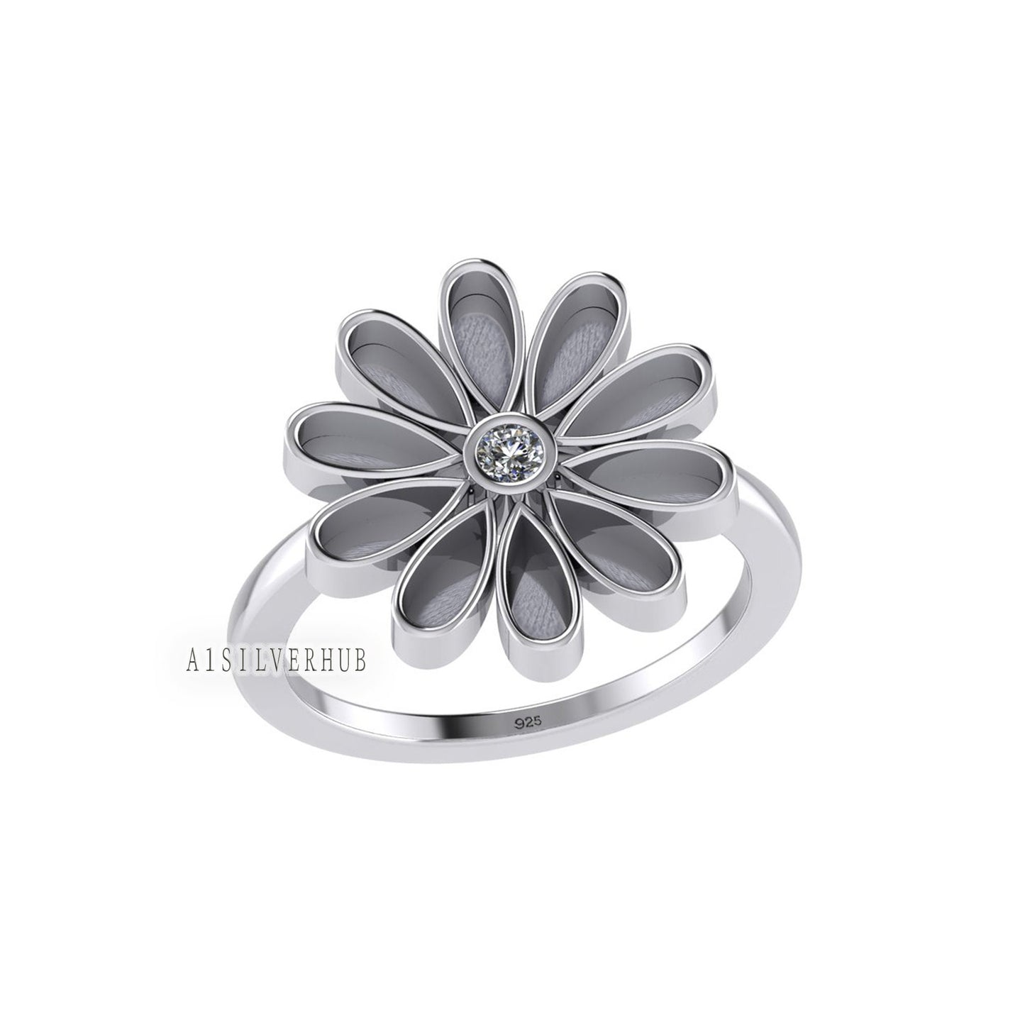 925 Sterling Silver Sunflower Floral Pear Blank Bezel Daisy CZ Setting Ring, Good for Resin & Ashes Work, Keepsake/Breastmilk DIY Crafts