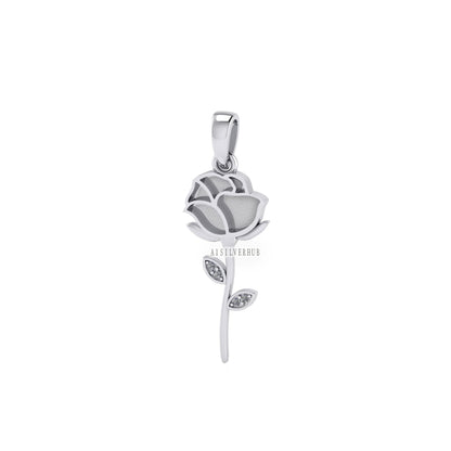 925 Sterling Silver Rose Flower Blank Bezel with CZ Setted Leaf Pendant Setting, Good for Resin & Ashes Work, Breastmilk/Keepsake, DIY Craft