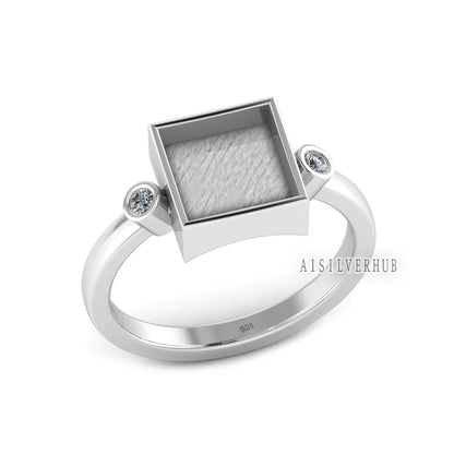 925 Sterling Silver 8x8mm Square Blank Bezel with CZ Setted Band Ring Setting, Good for Resin & Ashes Work, Keepsake/Breastmilk DIY Crafts