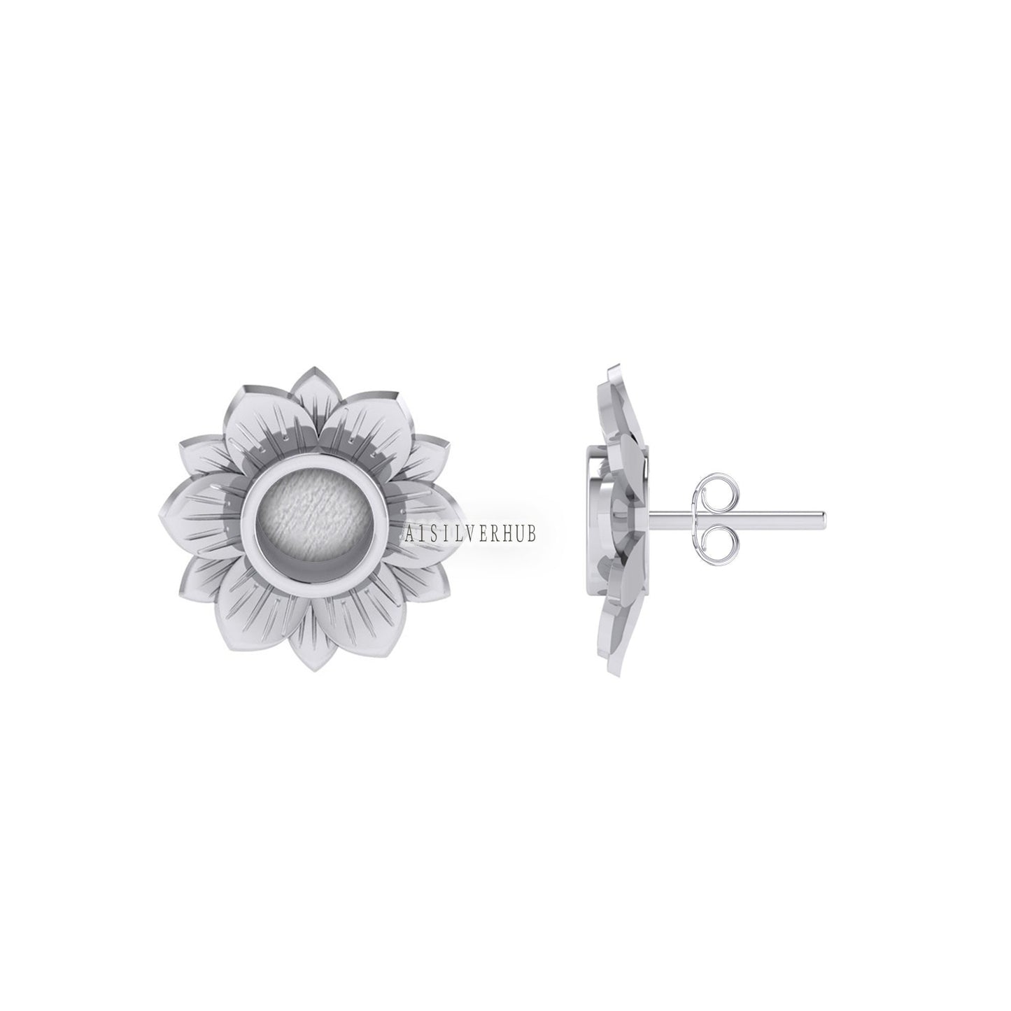 925 Sterling Solid Silver Sunflower 6mm Blank Bezel Stud Earrings Setting, Good for Resin & Ashes Work, Breastmilk/ Keepsake DIY Crafts