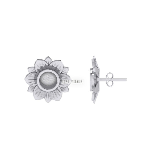 925 Sterling Solid Silver Sunflower 6mm Blank Bezel Stud Earrings Setting, Good for Resin & Ashes Work, Breastmilk/ Keepsake DIY Crafts