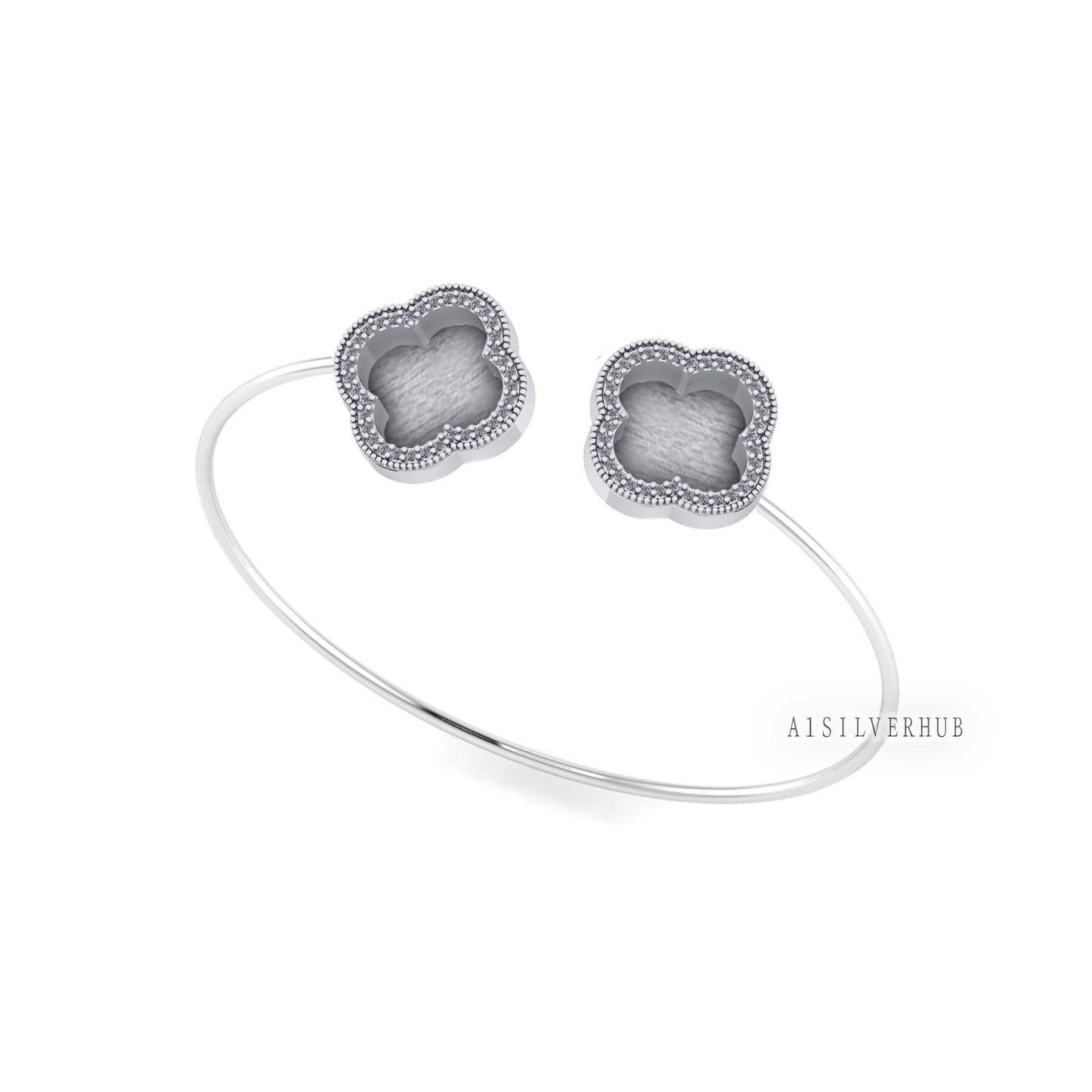 925 Sterling Solid Silver 10x10mm Clover Shape Blank Bezel CZ Setted Adjustable Bracelet/Bangle DIY, Good for Resin & Ashes Work, Keepsakes