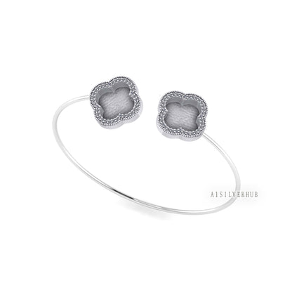 925 Sterling Solid Silver 10x10mm Clover Shape Blank Bezel CZ Setted Adjustable Bracelet/Bangle DIY, Good for Resin & Ashes Work, Keepsakes