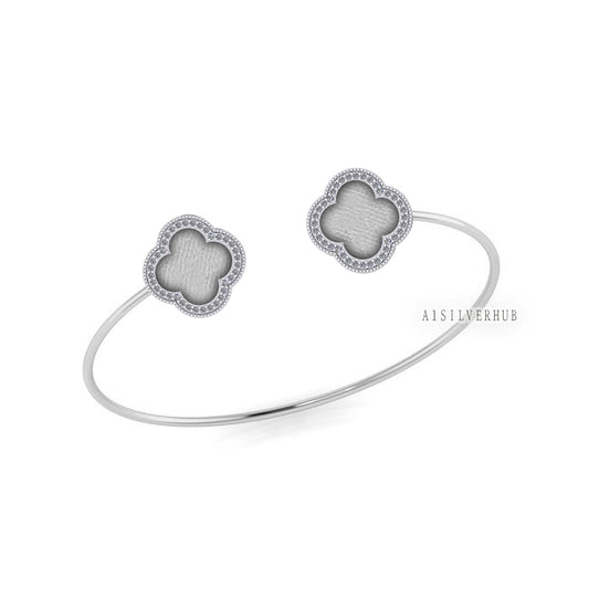 925 Sterling Solid Silver 10x10mm Clover Shape Blank Bezel CZ Setted Adjustable Bracelet/Bangle DIY, Good for Resin & Ashes Work, Keepsakes