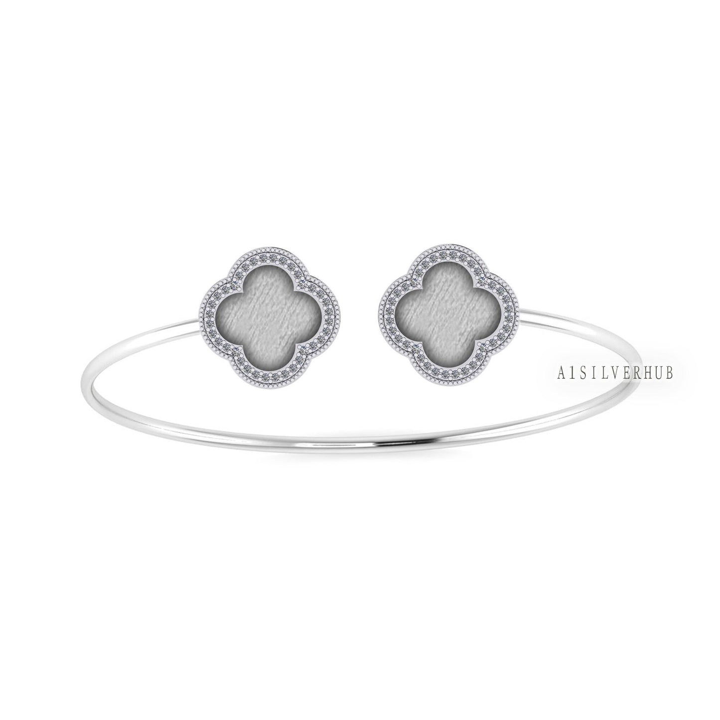 925 Sterling Solid Silver 10x10mm Clover Shape Blank Bezel CZ Setted Adjustable Bracelet/Bangle DIY, Good for Resin & Ashes Work, Keepsakes