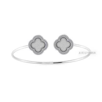 925 Sterling Solid Silver 10x10mm Clover Shape Blank Bezel CZ Setted Adjustable Bracelet/Bangle DIY, Good for Resin & Ashes Work, Keepsakes