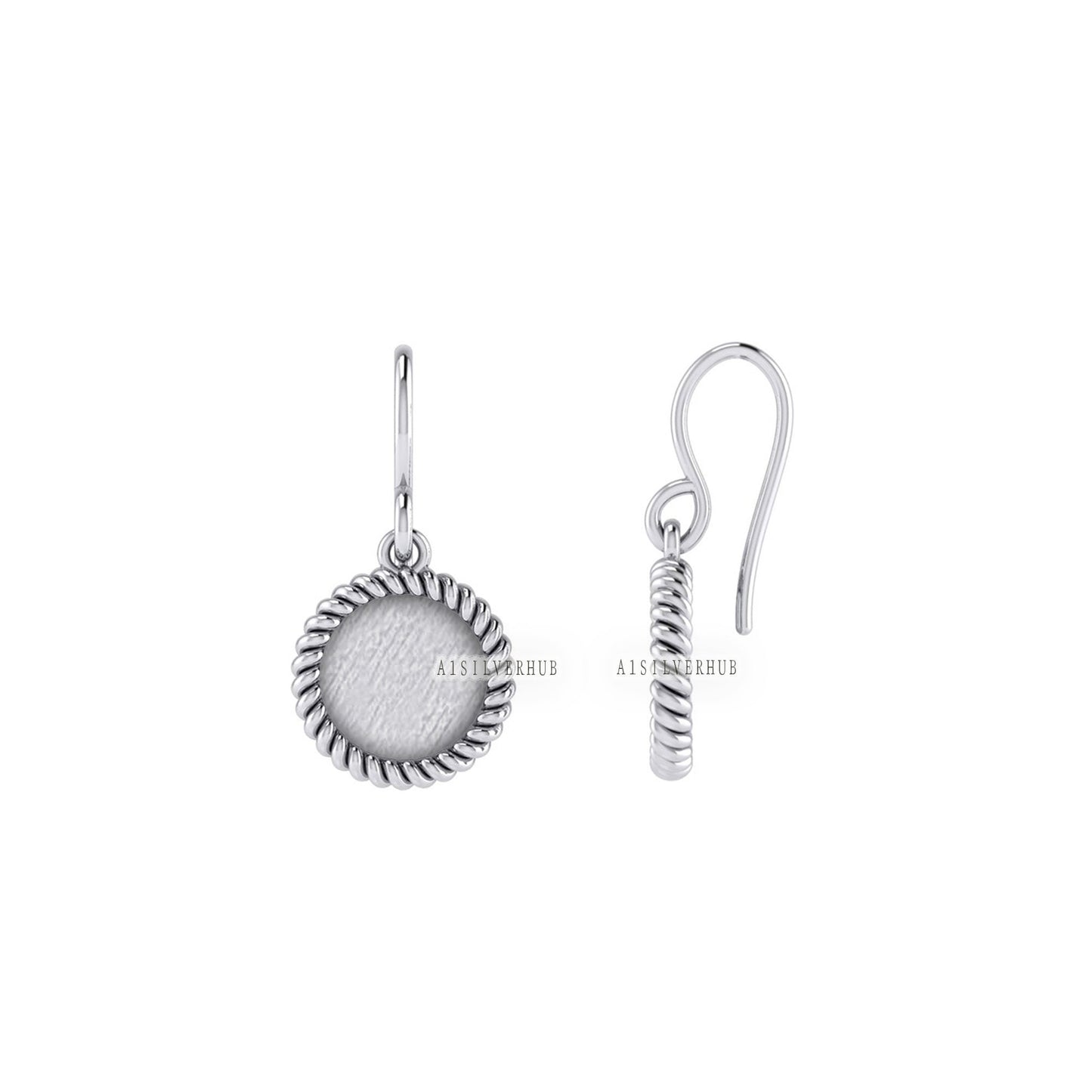 925 Sterling Silver Rope Design Round 10mm Blank Bezel Dangle Earring Setting, Good for Resin & Ashes Work Keepsake Breastmilk, Memorial DIY