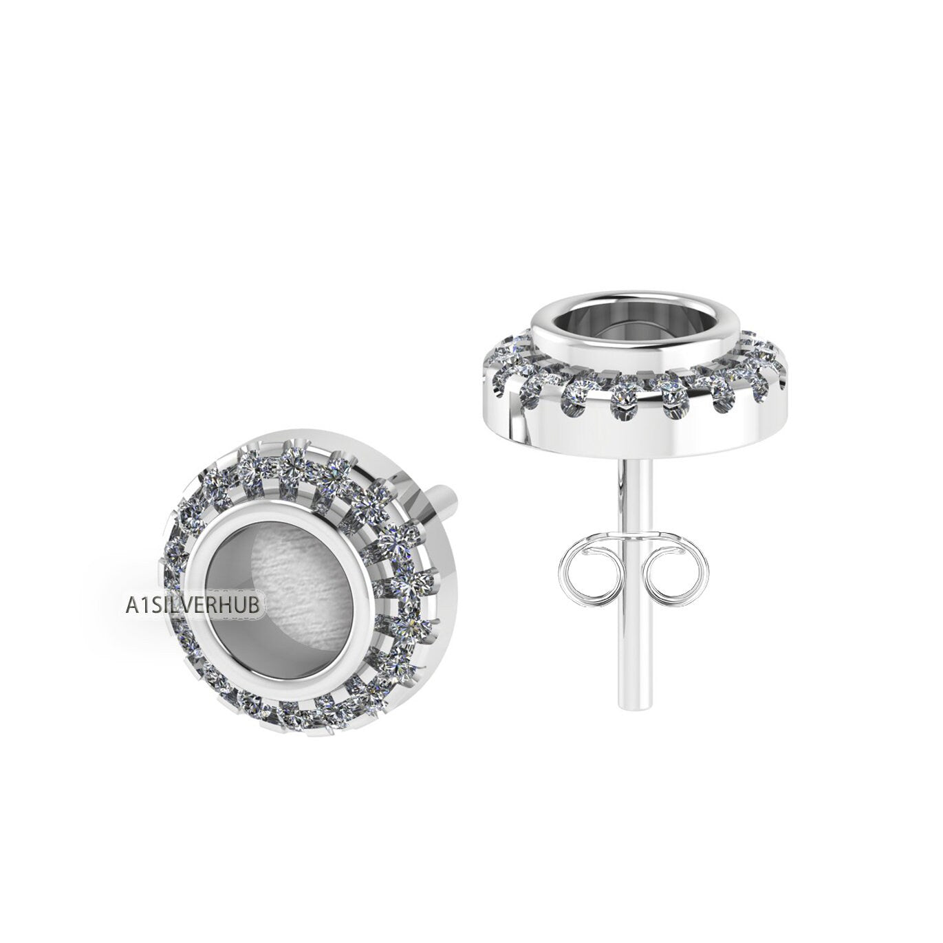 925 Sterling Silver 5mm Circle Shape Blank Bezel Stud Earring with Surrounded Zircon Setted, Good for Resin & Ashes Work, Keepsake DIY Craft