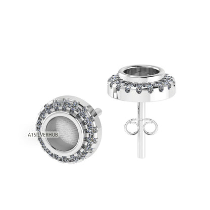 925 Sterling Silver 5mm Circle Shape Blank Bezel Stud Earring with Surrounded Zircon Setted, Good for Resin & Ashes Work, Keepsake DIY Craft