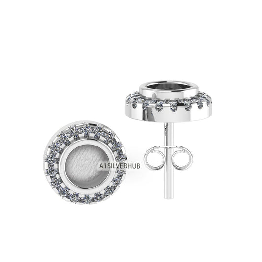 925 Sterling Silver 5mm Circle Shape Blank Bezel Stud Earring with Surrounded Zircon Setted, Good for Resin & Ashes Work, Keepsake DIY Craft