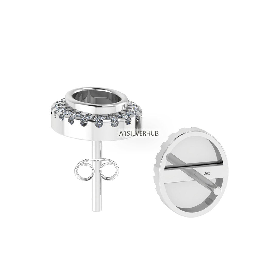 925 Sterling Silver 5x7mm Oval Shape Blank Bezel Stud Earring with Surrounded Zircon Setted, Good for Resin & Ashes Work, Keepsake DIY Craft