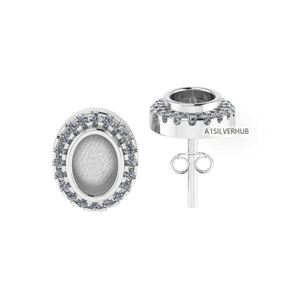 925 Sterling Silver 5x7mm Oval Shape Blank Bezel Stud Earring with Surrounded Zircon Setted, Good for Resin & Ashes Work, Keepsake DIY Craft
