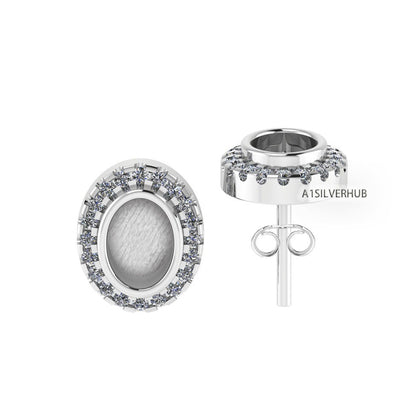 925 Sterling Silver 5x7mm Oval Shape Blank Bezel Stud Earring with Surrounded Zircon Setted, Good for Resin & Ashes Work, Keepsake DIY Craft