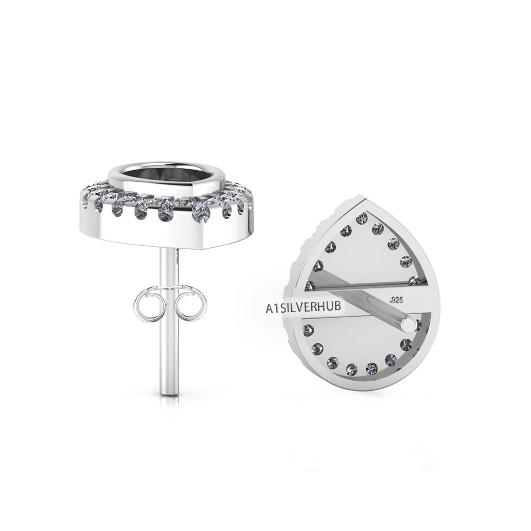 925 Sterling Silver 5x7mm Pear Shape Blank Bezel Stud Earring with Surrounded Zircon Setted, Good for Resin & Ashes Work, Keepsake DIY Craft