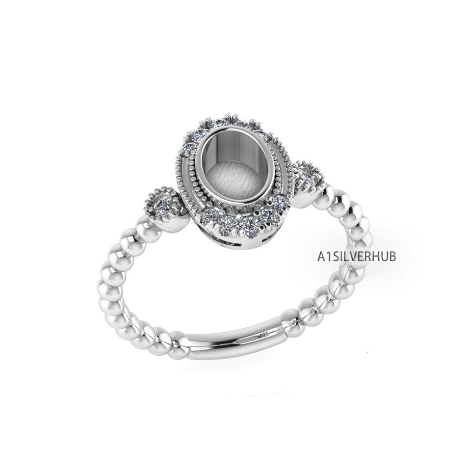 925 Sterling Solid Silver 6x5mm Oval Blank Bezel with CZ Setted, Good for Resin & Ashes Work Breastmilk DIY Craft, Keepsake Granulation Ring