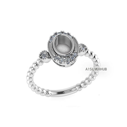 925 Sterling Solid Silver 6x5mm Oval Blank Bezel with CZ Setted, Good for Resin & Ashes Work Breastmilk DIY Craft, Keepsake Granulation Ring