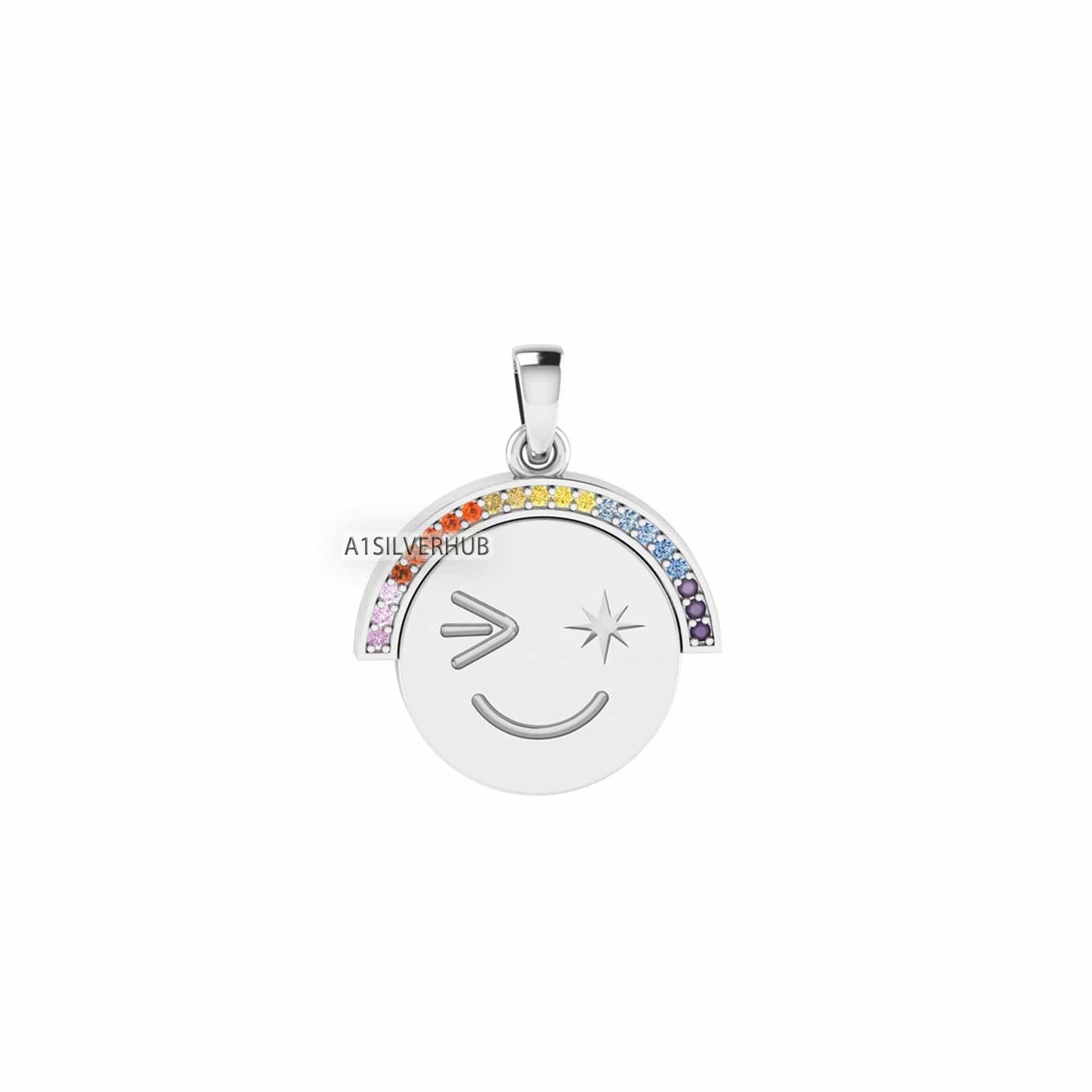 925 Sterling Solid Silver Attractive Cute Smiley Happy Face Emoji Euphoric Rainbow CZ Setted Pendant, Keepsake Memorial, Gifts for Her/ Him