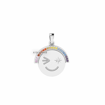 925 Sterling Solid Silver Attractive Cute Smiley Happy Face Emoji Euphoric Rainbow CZ Setted Pendant, Keepsake Memorial, Gifts for Her/ Him