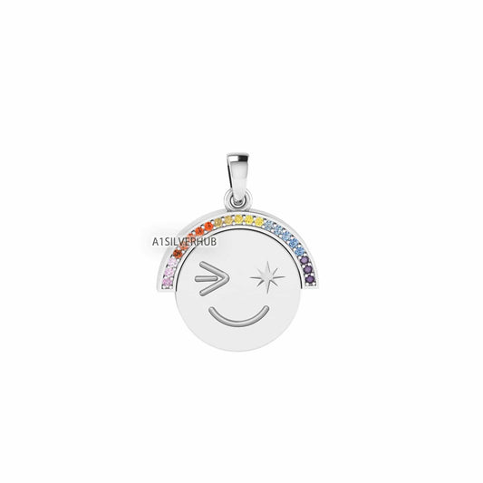 925 Sterling Solid Silver Attractive Cute Smiley Happy Face Emoji Euphoric Rainbow CZ Setted Pendant, Keepsake Memorial, Gifts for Her/ Him