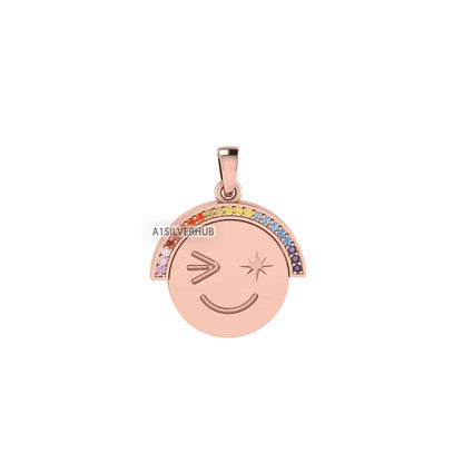 925 Sterling Solid Silver Attractive Cute Smiley Happy Face Emoji Euphoric Rainbow CZ Setted Pendant, Keepsake Memorial, Gifts for Her/ Him