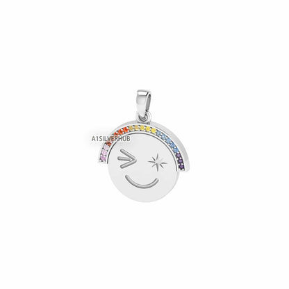 925 Sterling Solid Silver Attractive Cute Smiley Happy Face Emoji Euphoric Rainbow CZ Setted Pendant, Keepsake Memorial, Gifts for Her/ Him