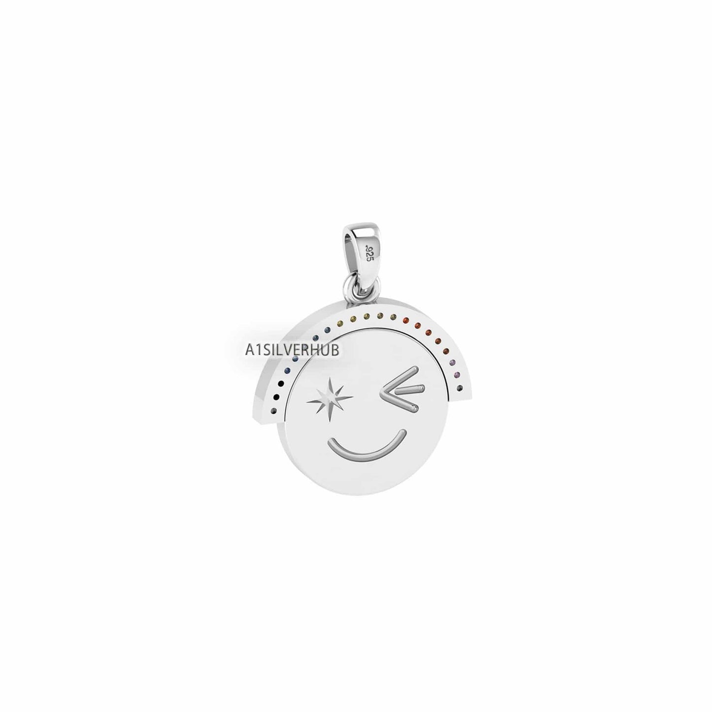 925 Sterling Solid Silver Attractive Cute Smiley Happy Face Emoji Euphoric Rainbow CZ Setted Pendant, Keepsake Memorial, Gifts for Her/ Him
