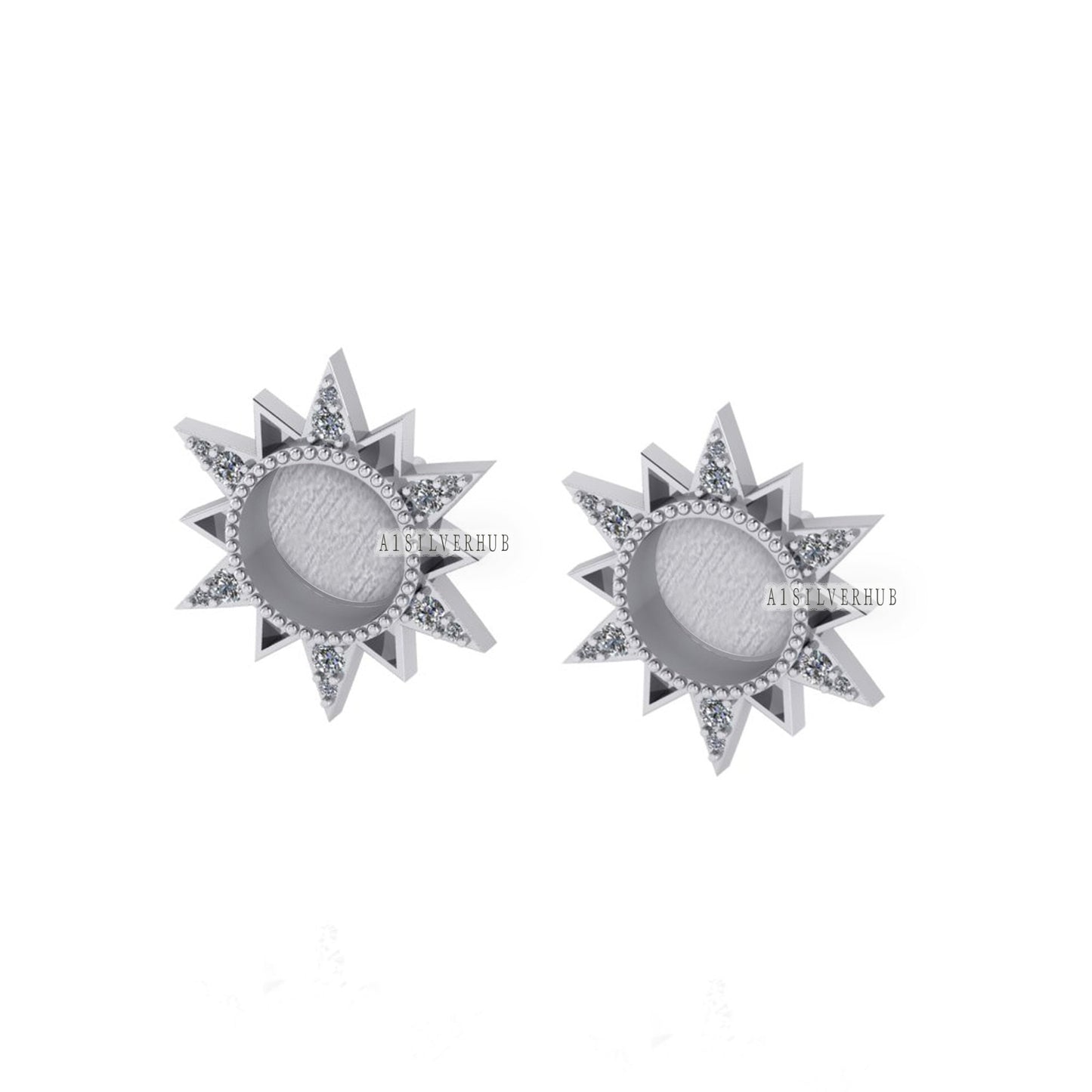 925 Sterling Silver Starburst Round Blank Bezel Stud Earrings with Surrounded Zircon Setted, Good for Resin & Ashes Work, Keepsake DIY Craft