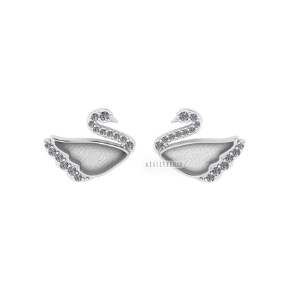 925 Sterling Silver Swarovski Swan Bird Blank Bezel Stud Earrings CZ Setted, Good for Resin & Ashes Work, Keepsake DIY Craft Bridesmaid Gift