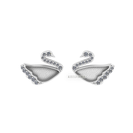 925 Sterling Silver Swarovski Swan Bird Blank Bezel Stud Earrings CZ Setted, Good for Resin & Ashes Work, Keepsake DIY Craft Bridesmaid Gift
