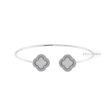 925 Sterling Solid Silver 10x10mm Clover Shape Blank Bezel CZ Setted Adjustable Bracelet/Bangle DIY, Good for Resin & Ashes Work, Keepsakes