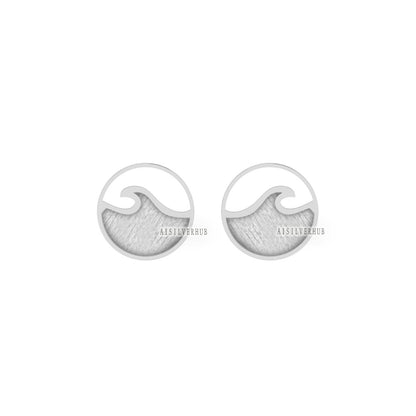 925 Sterling Solid Silver Ocean Wave Blank Bezel Round Stud Earrings, Good for Resin & Ashes Work, Keepsake/Breastmilk DIY, Memorial Jewelry
