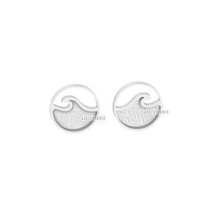 925 Sterling Solid Silver Ocean Wave Blank Bezel Round Stud Earrings, Good for Resin & Ashes Work, Keepsake/Breastmilk DIY, Memorial Jewelry